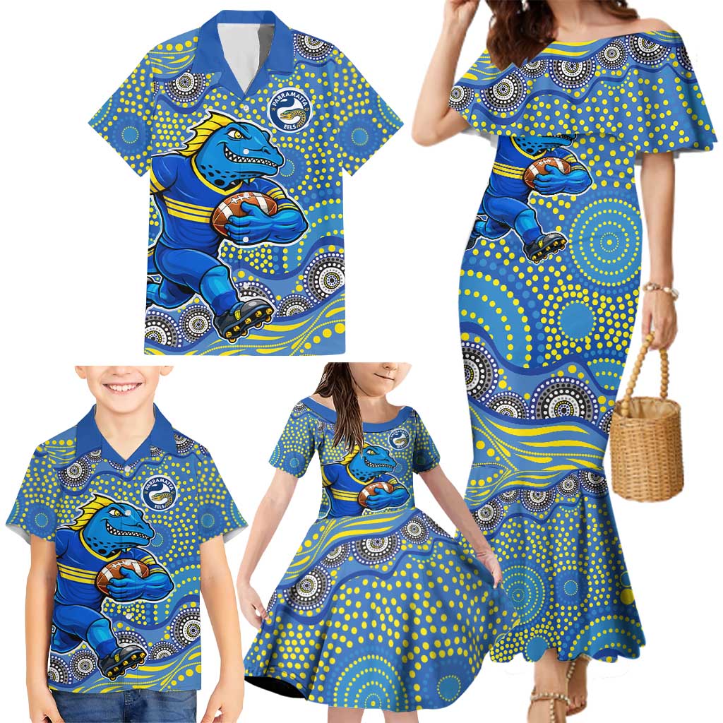Parramatta Eels Family Matching Mermaid Dress and Hawaiian Shirt Aboriginal Dot Pattern - Rugby Mascot Heritage Pride