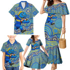 Parramatta Eels Family Matching Mermaid Dress and Hawaiian Shirt Aboriginal Dot Pattern - Rugby Mascot Heritage Pride