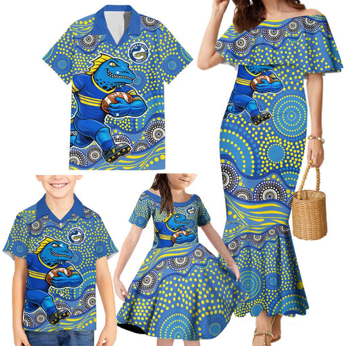 Parramatta Eels Family Matching Mermaid Dress and Hawaiian Shirt Aboriginal Dot Pattern - Rugby Mascot Heritage Pride