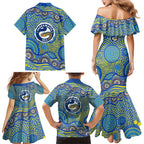 Parramatta Eels Family Matching Mermaid Dress and Hawaiian Shirt Aboriginal Dot Pattern - Rugby Mascot Heritage Pride