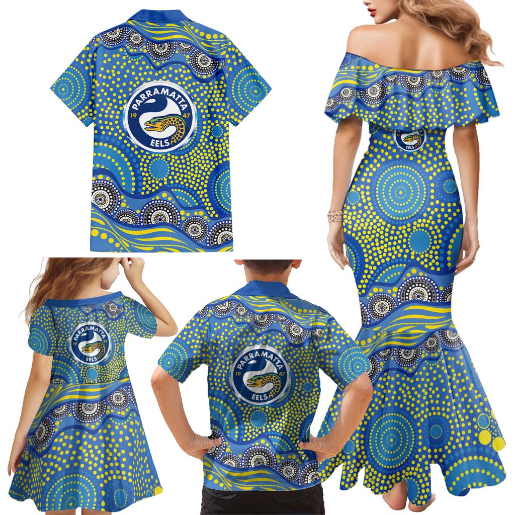 Parramatta Eels Family Matching Mermaid Dress and Hawaiian Shirt Aboriginal Dot Pattern - Rugby Mascot Heritage Pride