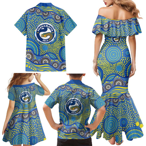 Parramatta Eels Family Matching Mermaid Dress and Hawaiian Shirt Aboriginal Dot Pattern - Rugby Mascot Heritage Pride