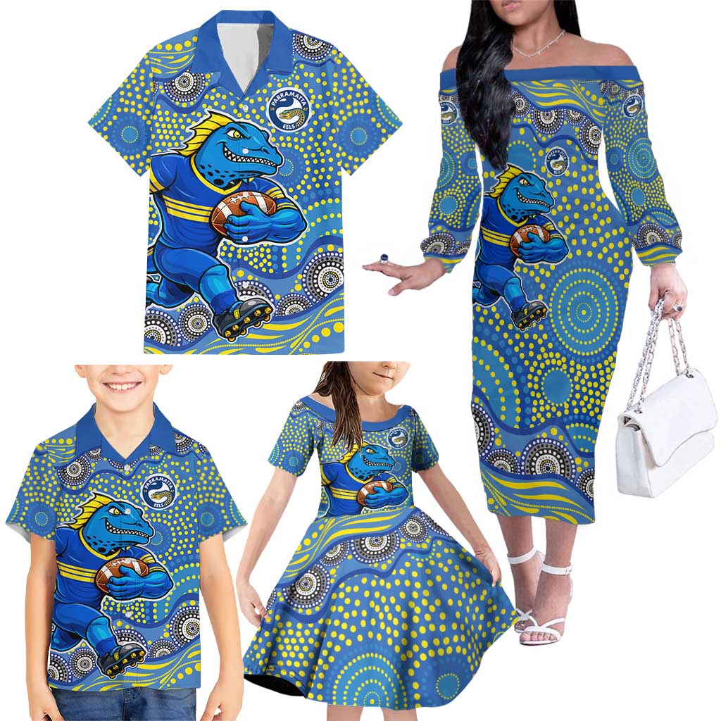 Parramatta Eels Family Matching Off The Shoulder Long Sleeve Dress and Hawaiian Shirt Aboriginal Dot Pattern - Rugby Mascot Heritage Pride