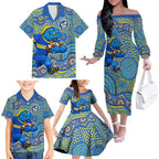 Parramatta Eels Family Matching Off The Shoulder Long Sleeve Dress and Hawaiian Shirt Aboriginal Dot Pattern - Rugby Mascot Heritage Pride