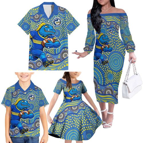 Parramatta Eels Family Matching Off The Shoulder Long Sleeve Dress and Hawaiian Shirt Aboriginal Dot Pattern - Rugby Mascot Heritage Pride