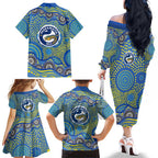 Parramatta Eels Family Matching Off The Shoulder Long Sleeve Dress and Hawaiian Shirt Aboriginal Dot Pattern - Rugby Mascot Heritage Pride