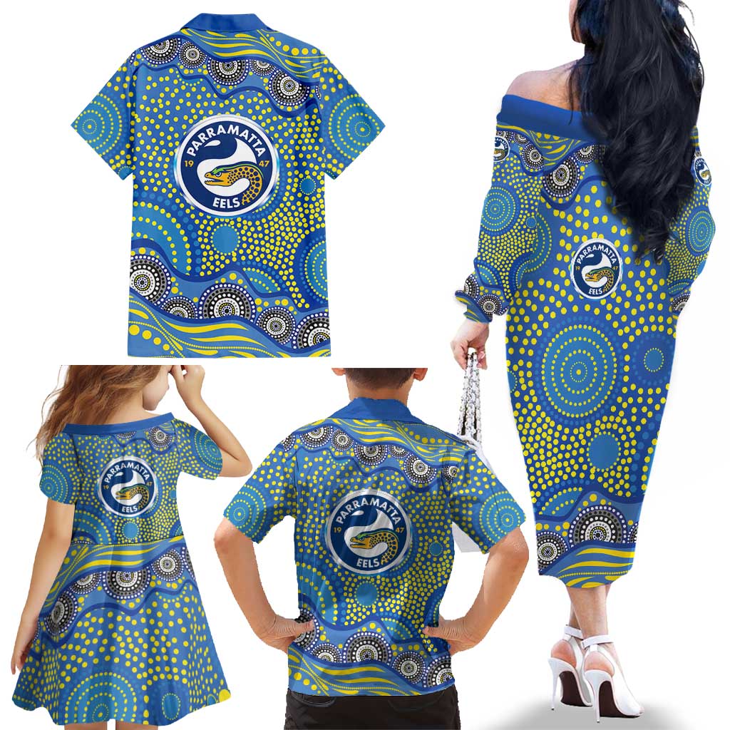 Parramatta Eels Family Matching Off The Shoulder Long Sleeve Dress and Hawaiian Shirt Aboriginal Dot Pattern - Rugby Mascot Heritage Pride