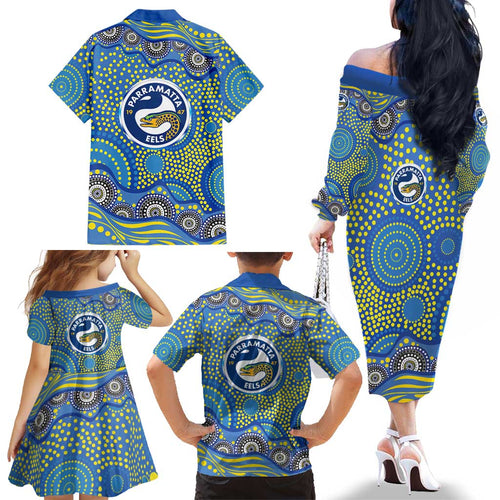 Parramatta Eels Family Matching Off The Shoulder Long Sleeve Dress and Hawaiian Shirt Aboriginal Dot Pattern - Rugby Mascot Heritage Pride