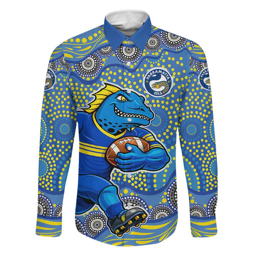 Parramatta Eels Family Matching Off The Shoulder Long Sleeve Dress and Hawaiian Shirt Aboriginal Dot Pattern - Rugby Mascot Heritage Pride