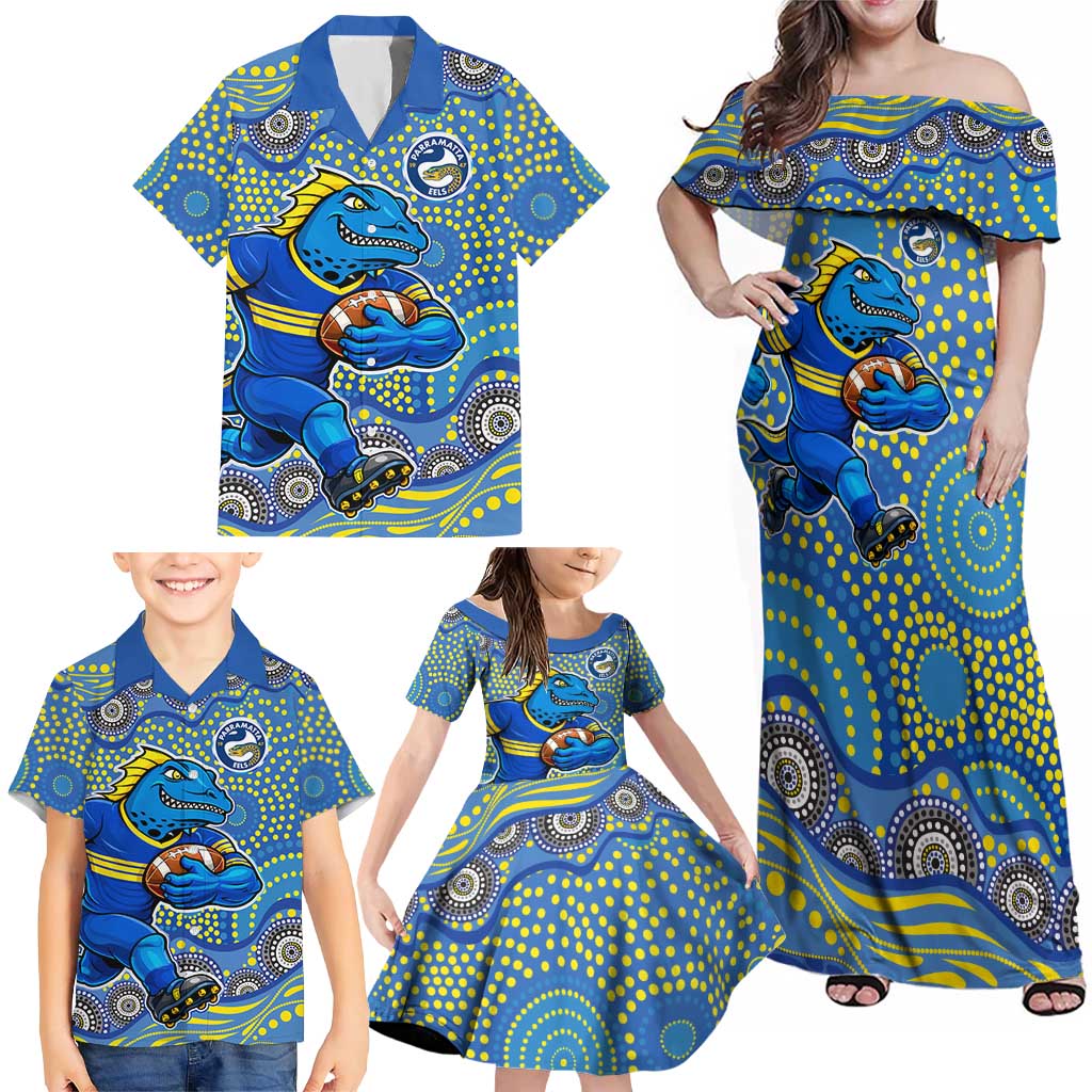 Parramatta Eels Family Matching Off Shoulder Maxi Dress and Hawaiian Shirt Aboriginal Dot Pattern - Rugby Mascot Heritage Pride