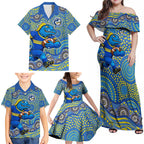 Parramatta Eels Family Matching Off Shoulder Maxi Dress and Hawaiian Shirt Aboriginal Dot Pattern - Rugby Mascot Heritage Pride