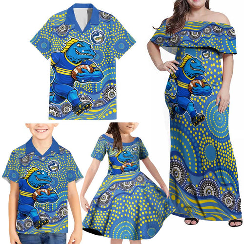 Parramatta Eels Family Matching Off Shoulder Maxi Dress and Hawaiian Shirt Aboriginal Dot Pattern - Rugby Mascot Heritage Pride