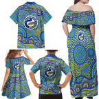 Parramatta Eels Family Matching Off Shoulder Maxi Dress and Hawaiian Shirt Aboriginal Dot Pattern - Rugby Mascot Heritage Pride