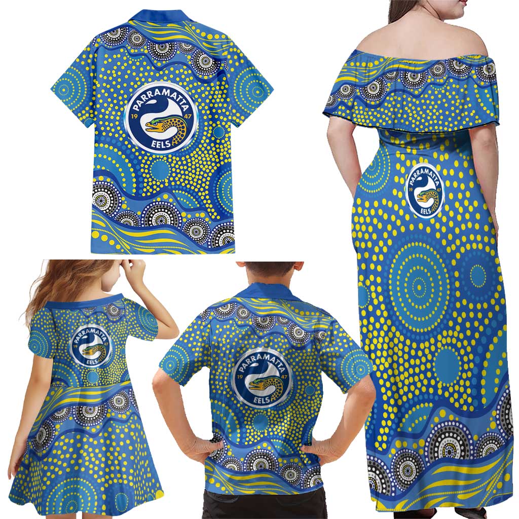 Parramatta Eels Family Matching Off Shoulder Maxi Dress and Hawaiian Shirt Aboriginal Dot Pattern - Rugby Mascot Heritage Pride