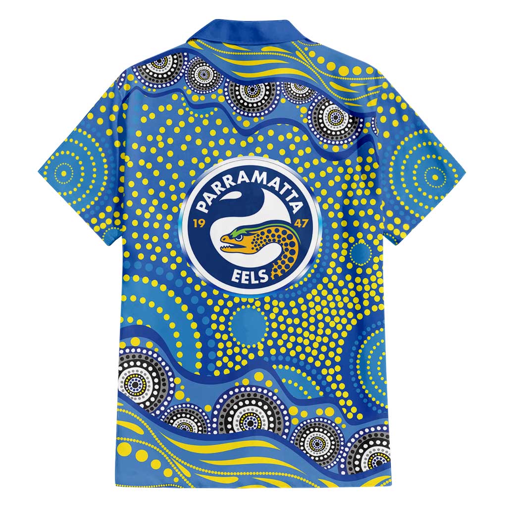 Parramatta Eels Family Matching Off Shoulder Maxi Dress and Hawaiian Shirt Aboriginal Dot Pattern - Rugby Mascot Heritage Pride