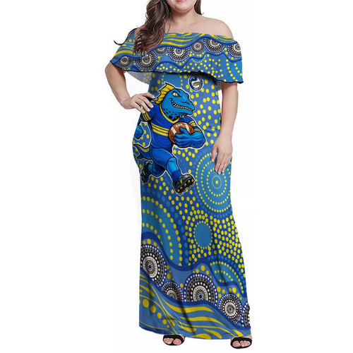 Parramatta Eels Family Matching Off Shoulder Maxi Dress and Hawaiian Shirt Aboriginal Dot Pattern - Rugby Mascot Heritage Pride