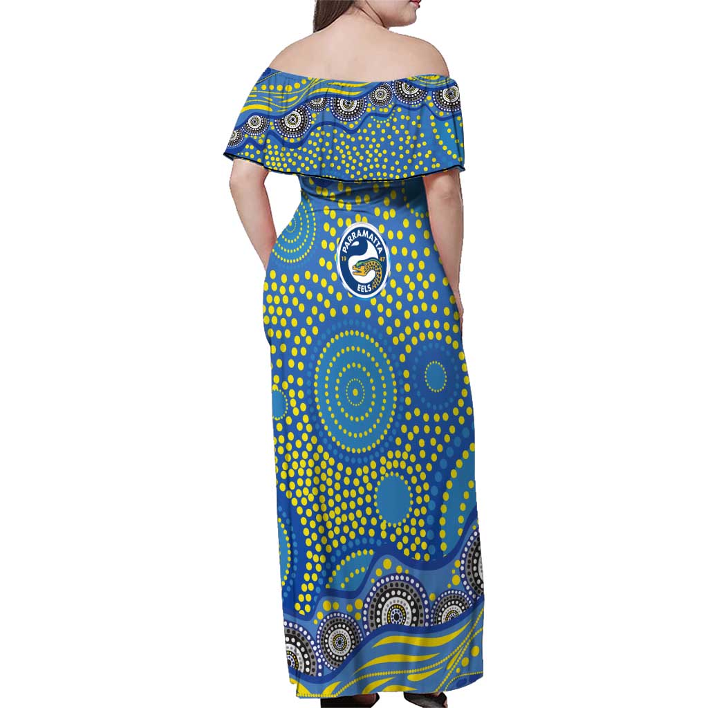 Parramatta Eels Family Matching Off Shoulder Maxi Dress and Hawaiian Shirt Aboriginal Dot Pattern - Rugby Mascot Heritage Pride