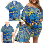 Parramatta Eels Family Matching Off Shoulder Short Dress and Hawaiian Shirt Aboriginal Dot Pattern - Rugby Mascot Heritage Pride
