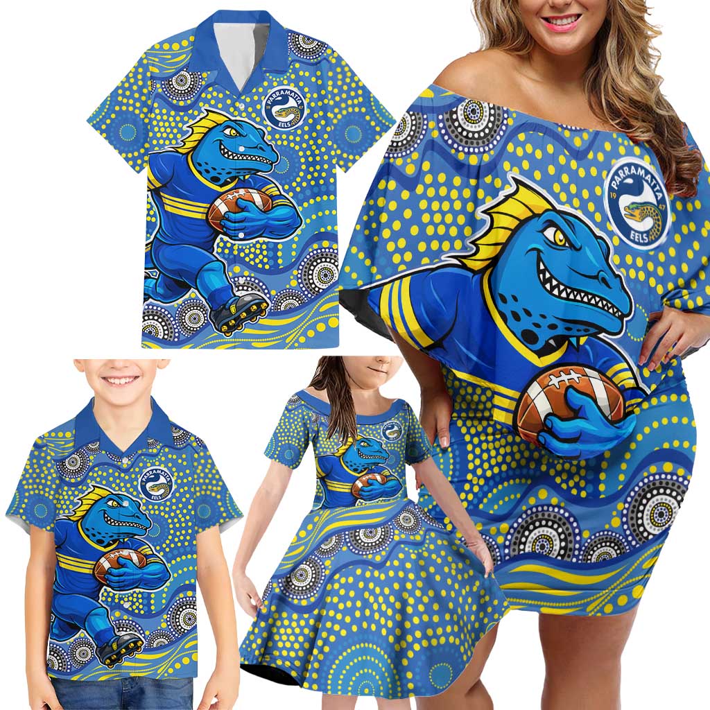 Parramatta Eels Family Matching Off Shoulder Short Dress and Hawaiian Shirt Aboriginal Dot Pattern - Rugby Mascot Heritage Pride