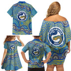 Parramatta Eels Family Matching Off Shoulder Short Dress and Hawaiian Shirt Aboriginal Dot Pattern - Rugby Mascot Heritage Pride