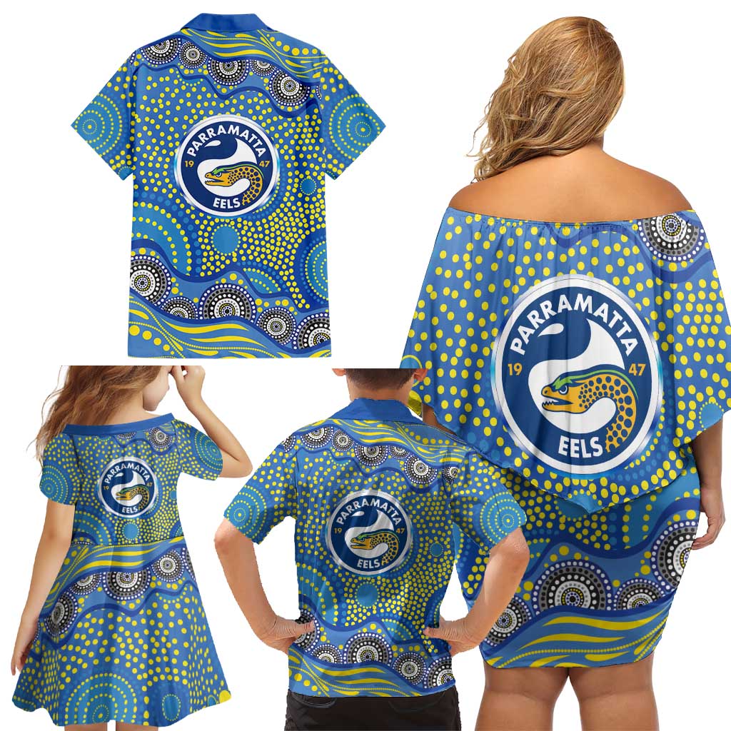 Parramatta Eels Family Matching Off Shoulder Short Dress and Hawaiian Shirt Aboriginal Dot Pattern - Rugby Mascot Heritage Pride
