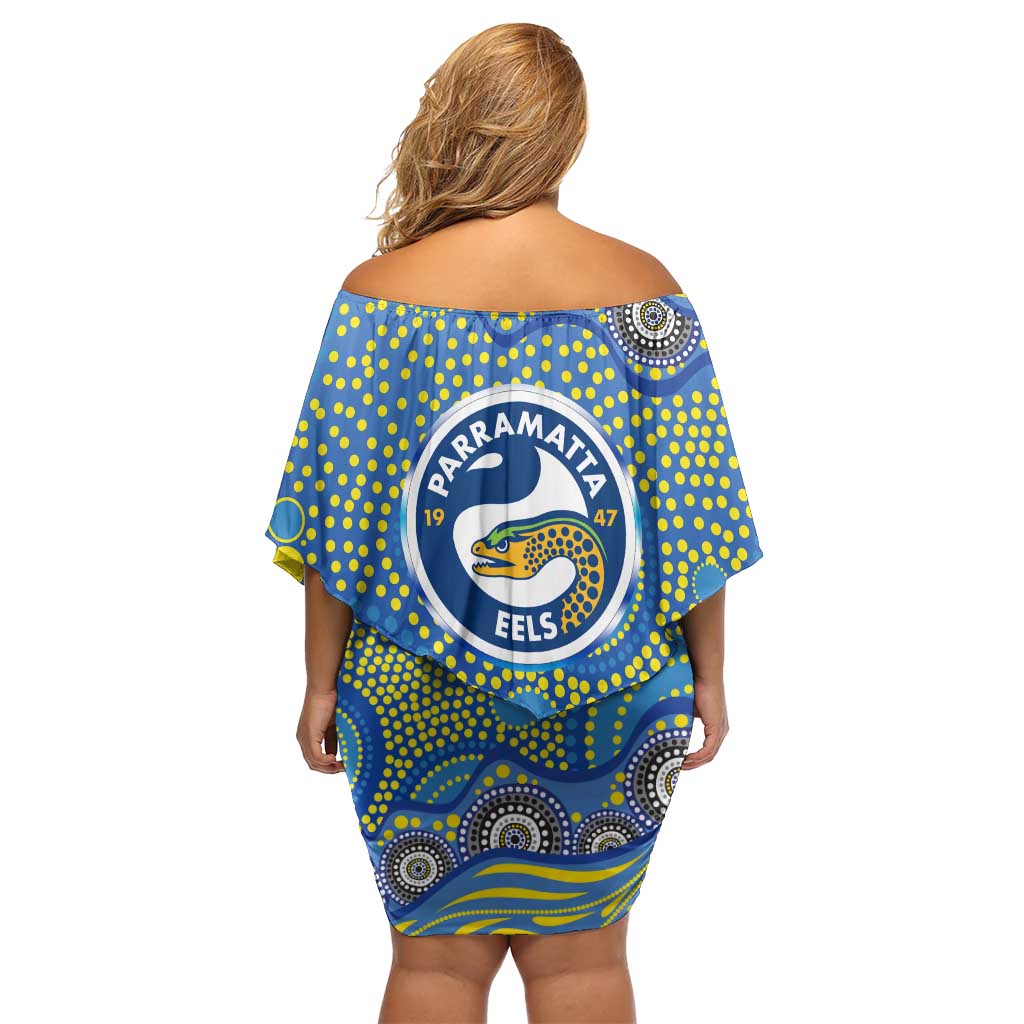 Parramatta Eels Family Matching Off Shoulder Short Dress and Hawaiian Shirt Aboriginal Dot Pattern - Rugby Mascot Heritage Pride