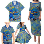 Parramatta Eels Family Matching Puletasi and Hawaiian Shirt Aboriginal Dot Pattern - Rugby Mascot Heritage Pride