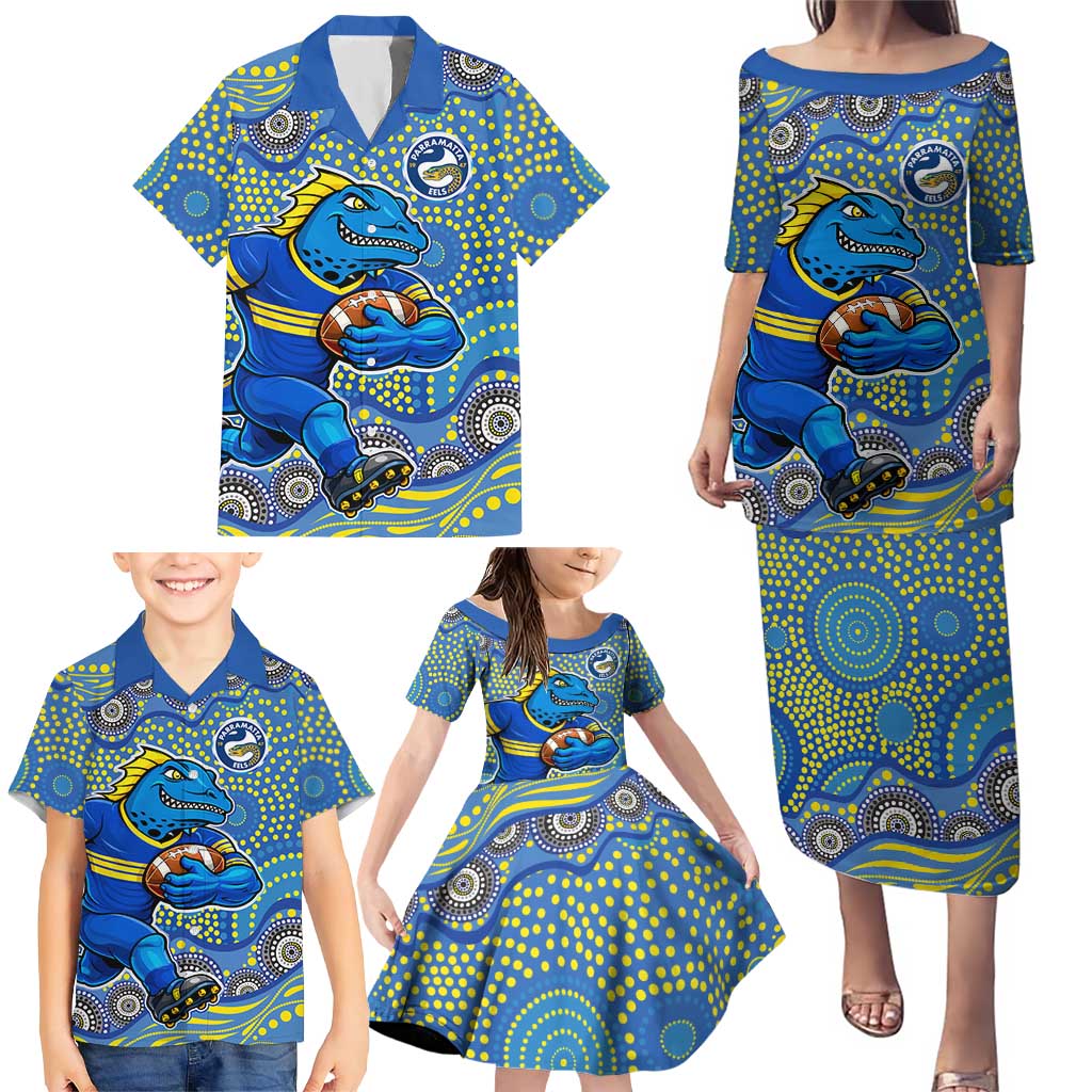 Parramatta Eels Family Matching Puletasi and Hawaiian Shirt Aboriginal Dot Pattern - Rugby Mascot Heritage Pride