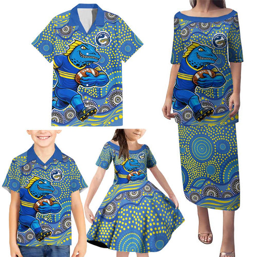 Parramatta Eels Family Matching Puletasi and Hawaiian Shirt Aboriginal Dot Pattern - Rugby Mascot Heritage Pride