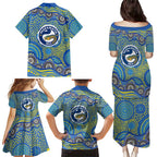 Parramatta Eels Family Matching Puletasi and Hawaiian Shirt Aboriginal Dot Pattern - Rugby Mascot Heritage Pride