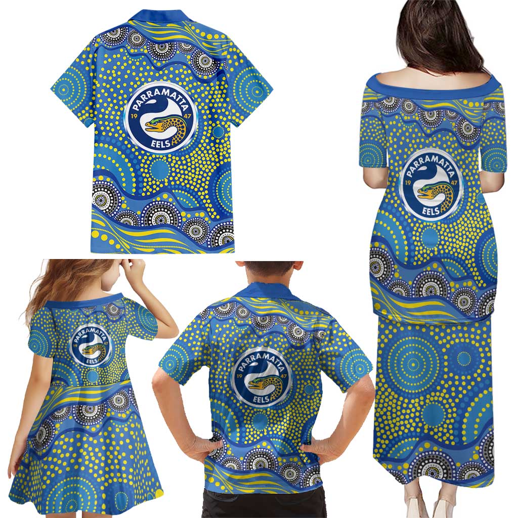 Parramatta Eels Family Matching Puletasi and Hawaiian Shirt Aboriginal Dot Pattern - Rugby Mascot Heritage Pride