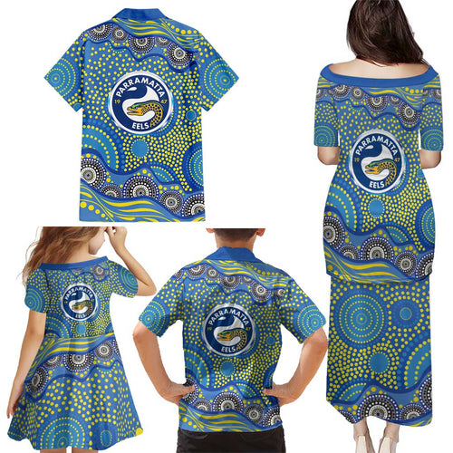Parramatta Eels Family Matching Puletasi and Hawaiian Shirt Aboriginal Dot Pattern - Rugby Mascot Heritage Pride