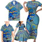 Parramatta Eels Family Matching Short Sleeve Bodycon Dress and Hawaiian Shirt Aboriginal Dot Pattern - Rugby Mascot Heritage Pride