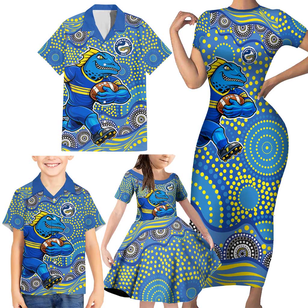 Parramatta Eels Family Matching Short Sleeve Bodycon Dress and Hawaiian Shirt Aboriginal Dot Pattern - Rugby Mascot Heritage Pride