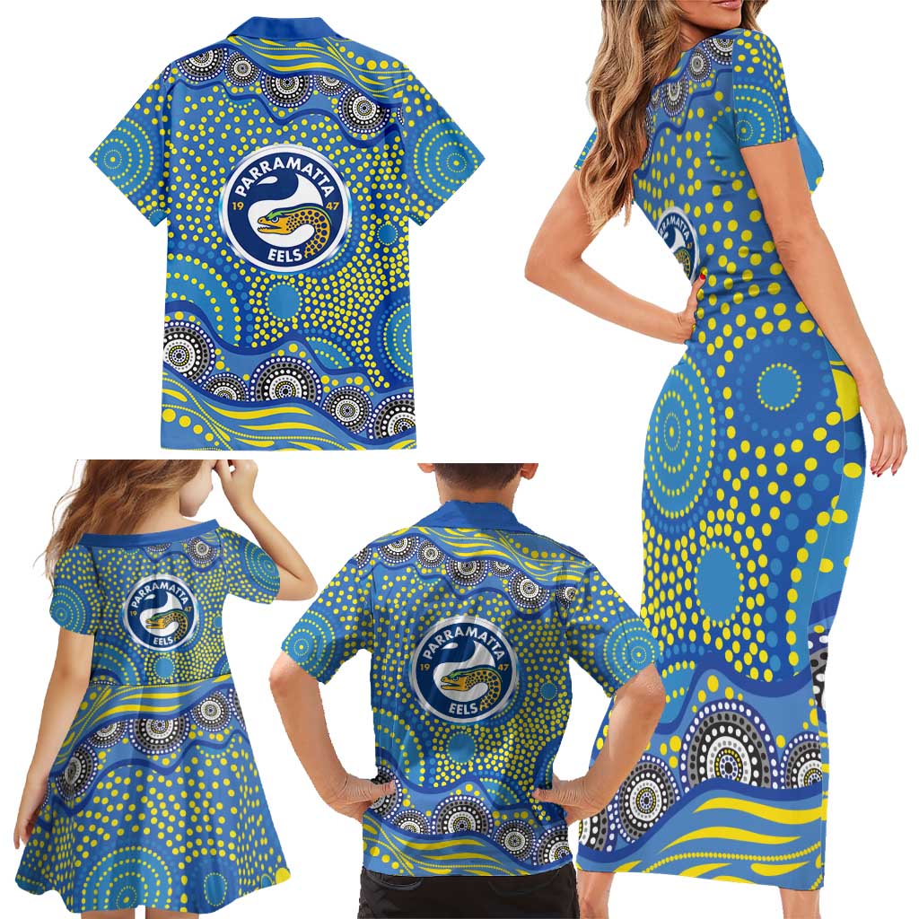 Parramatta Eels Family Matching Short Sleeve Bodycon Dress and Hawaiian Shirt Aboriginal Dot Pattern - Rugby Mascot Heritage Pride