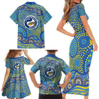 Parramatta Eels Family Matching Short Sleeve Bodycon Dress and Hawaiian Shirt Aboriginal Dot Pattern - Rugby Mascot Heritage Pride