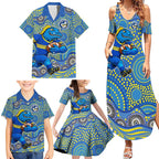 Parramatta Eels Family Matching Summer Maxi Dress and Hawaiian Shirt Aboriginal Dot Pattern - Rugby Mascot Heritage Pride
