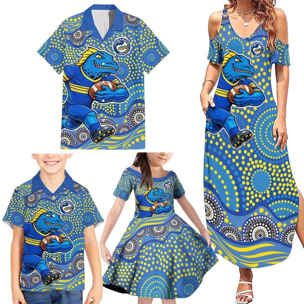 Parramatta Eels Family Matching Summer Maxi Dress and Hawaiian Shirt Aboriginal Dot Pattern - Rugby Mascot Heritage Pride