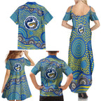 Parramatta Eels Family Matching Summer Maxi Dress and Hawaiian Shirt Aboriginal Dot Pattern - Rugby Mascot Heritage Pride