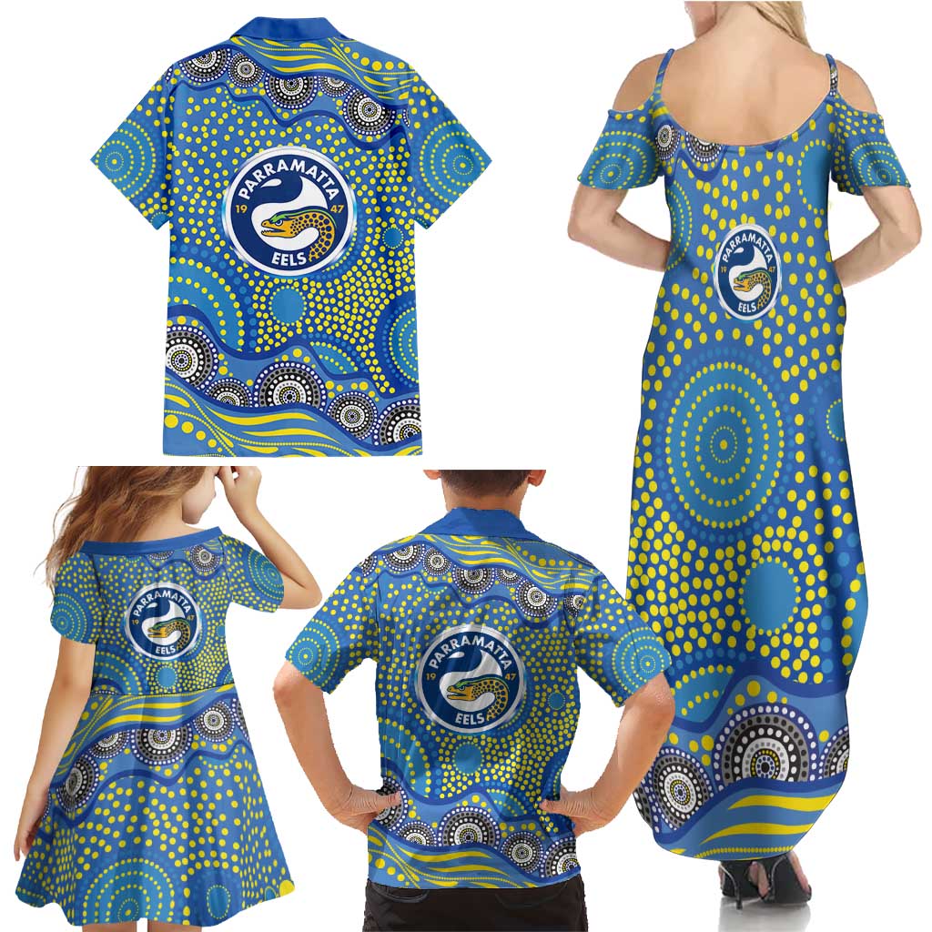 Parramatta Eels Family Matching Summer Maxi Dress and Hawaiian Shirt Aboriginal Dot Pattern - Rugby Mascot Heritage Pride