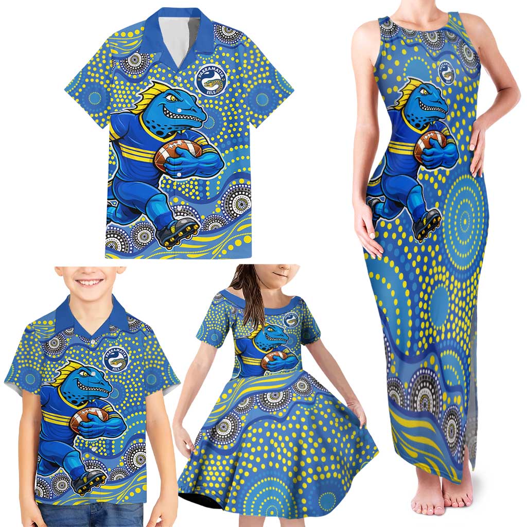 Parramatta Eels Family Matching Tank Maxi Dress and Hawaiian Shirt Aboriginal Dot Pattern - Rugby Mascot Heritage Pride