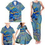 Parramatta Eels Family Matching Tank Maxi Dress and Hawaiian Shirt Aboriginal Dot Pattern - Rugby Mascot Heritage Pride