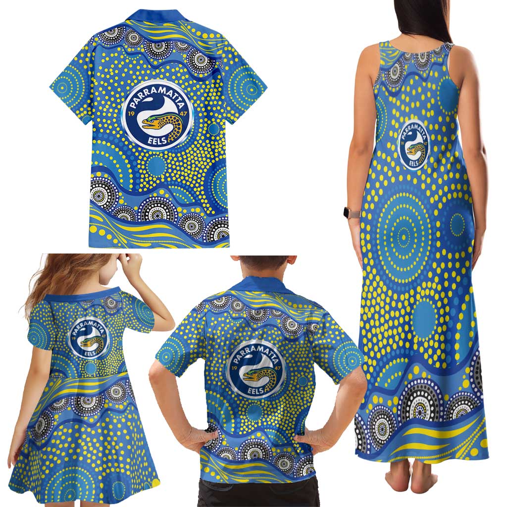 Parramatta Eels Family Matching Tank Maxi Dress and Hawaiian Shirt Aboriginal Dot Pattern - Rugby Mascot Heritage Pride
