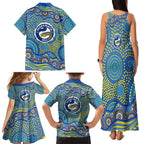 Parramatta Eels Family Matching Tank Maxi Dress and Hawaiian Shirt Aboriginal Dot Pattern - Rugby Mascot Heritage Pride