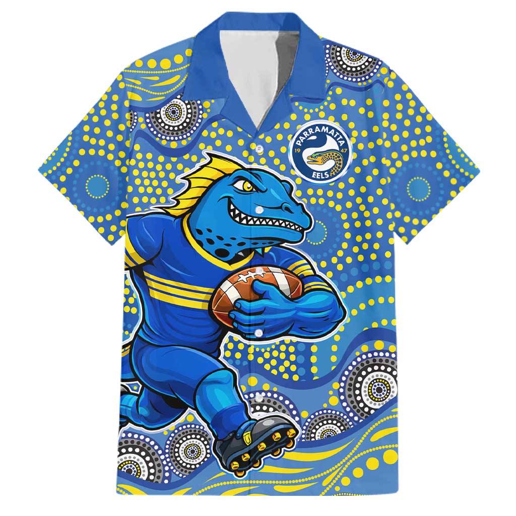 Parramatta Eels Family Matching Tank Maxi Dress and Hawaiian Shirt Aboriginal Dot Pattern - Rugby Mascot Heritage Pride
