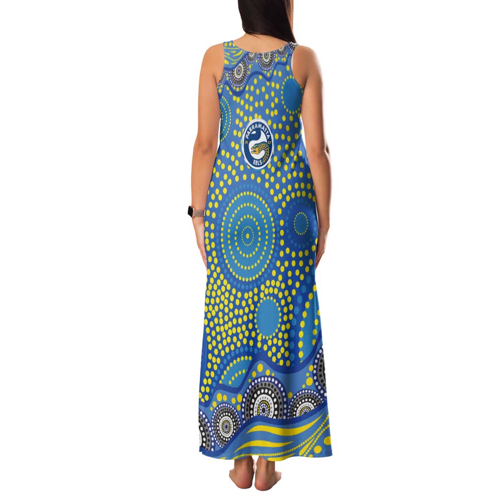 Parramatta Eels Family Matching Tank Maxi Dress and Hawaiian Shirt Aboriginal Dot Pattern - Rugby Mascot Heritage Pride
