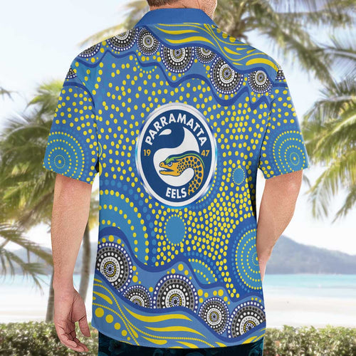 Parramatta Eels Hawaiian Shirt Aboriginal Dot Pattern - Rugby Mascot Heritage Pride