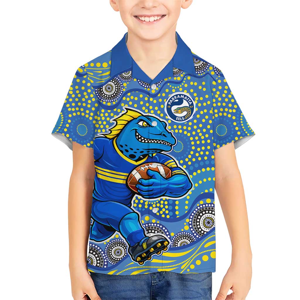 Parramatta Eels Kid Hawaiian Shirt Aboriginal Dot Pattern - Rugby Mascot Heritage Pride