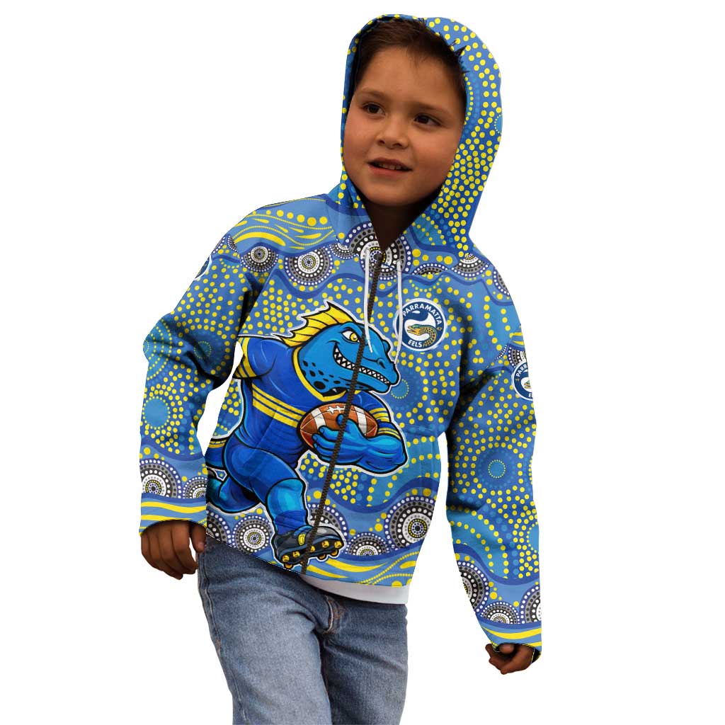Parramatta Eels Kid Hoodie Aboriginal Dot Pattern - Rugby Mascot Heritage Pride
