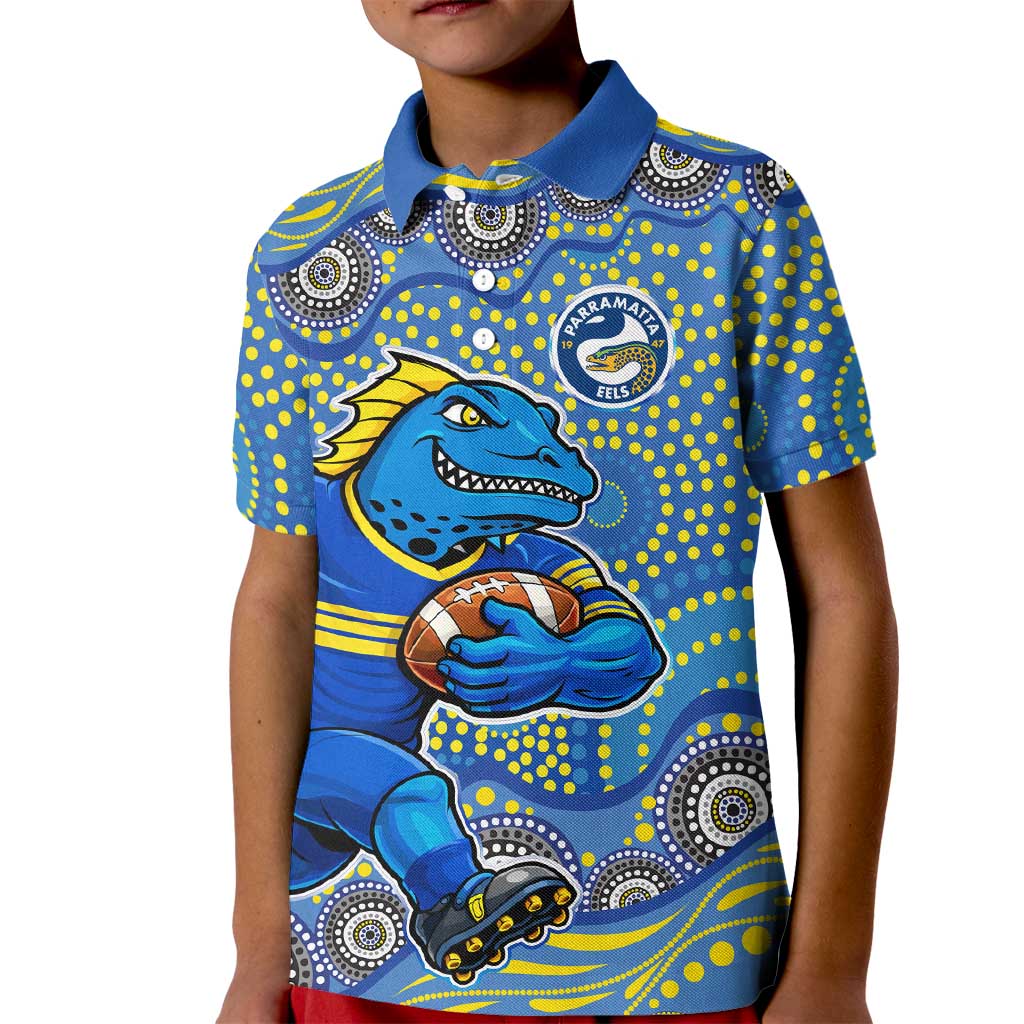 Parramatta Eels Kid Polo Shirt Aboriginal Dot Pattern - Rugby Mascot Heritage Pride